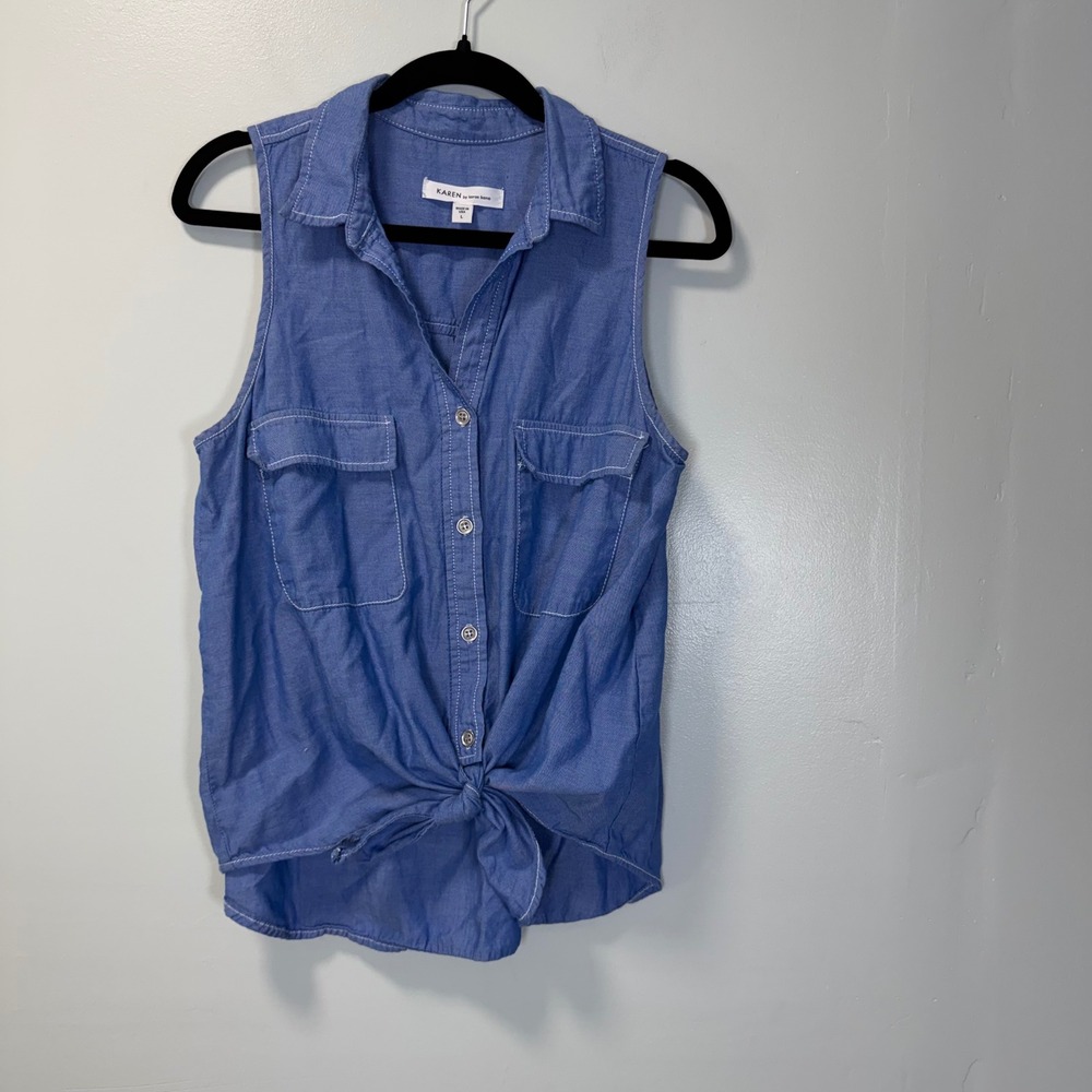 Karen by Karen Kane Sleeveless Tie‎ Front Chambray Shirt Blue Cotton Large